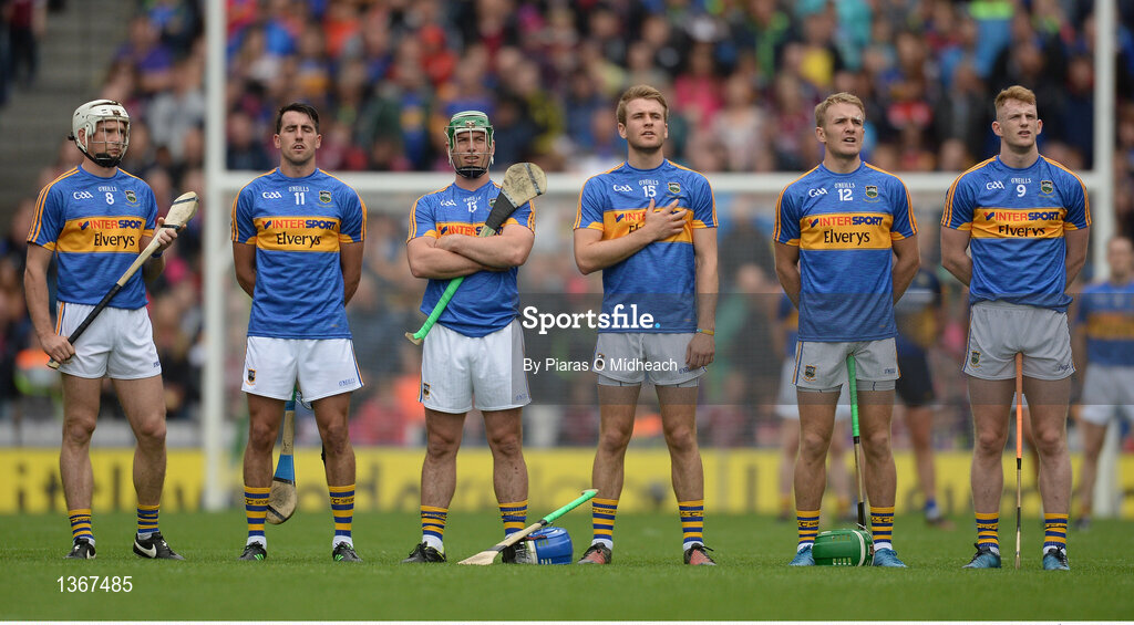 6 August 2017; Tipperary players, from left, Brendan Maher, Patrick Maher, John O'Dwyer, John McGrath, Noel McGrath and Michael Breen stand for the National Anthem before the GAA Hurling All-Ireland Senior Championship Semi-Final match between Galway and Tipperary at Croke Park in Dublin. Photo by Piaras Ó Mídheach/Sportsfile