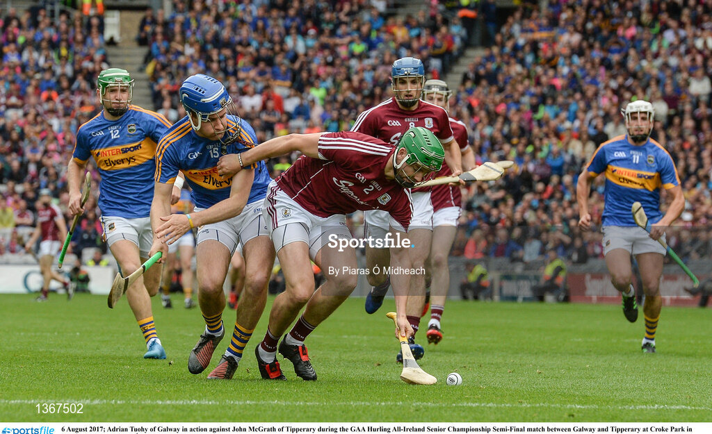 6 August 2017; Adrian Tuohy of Galway in action against John McGrath of Tipperary during the GAA Hurling All-Ireland Senior Championship Semi-Final match between Galway and Tipperary at Croke Park in Dublin. Photo by Piaras Ó Mídheach/Sportsfile