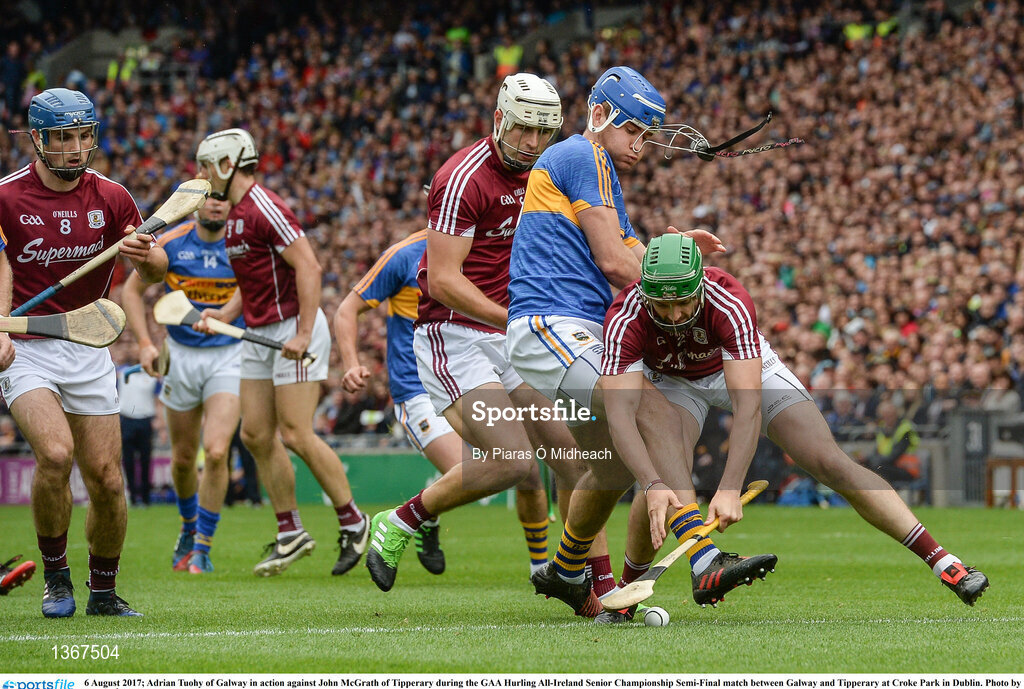 6 August 2017; Adrian Tuohy of Galway in action against John McGrath of Tipperary during the GAA Hurling All-Ireland Senior Championship Semi-Final match between Galway and Tipperary at Croke Park in Dublin. Photo by Piaras Ó Mídheach/Sportsfile
