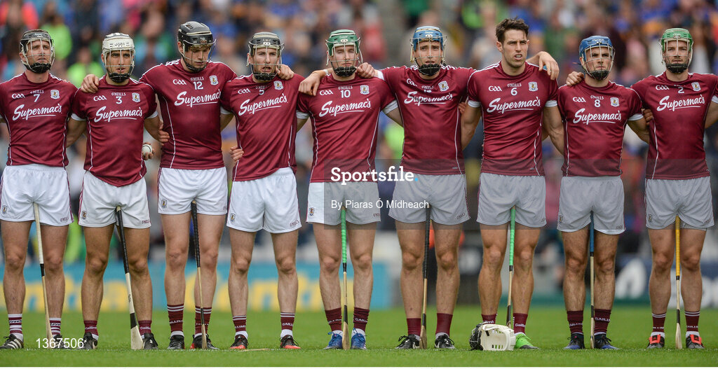 6 August 2017; Galway players stand for the National Anthem before the GAA Hurling All-Ireland Senior Championship Semi-Final match between Galway and Tipperary at Croke Park in Dublin. Photo by Piaras Ó Mídheach/Sportsfile