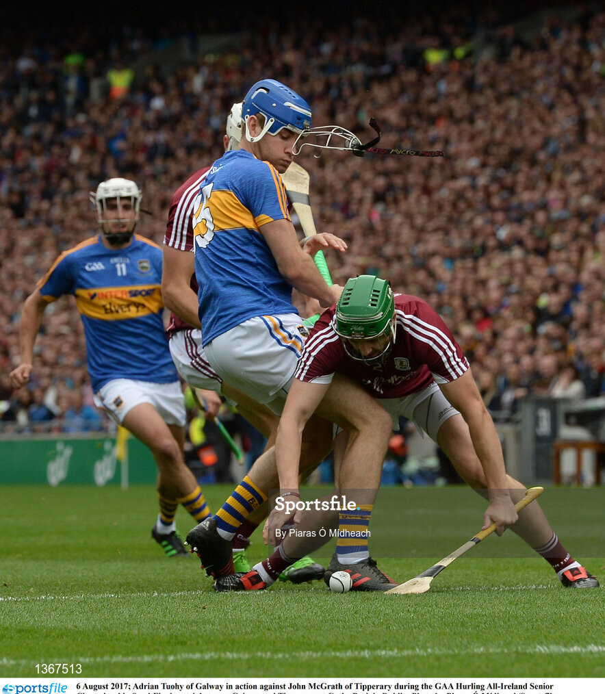 6 August 2017; Adrian Tuohy of Galway in action against John McGrath of Tipperary during the GAA Hurling All-Ireland Senior Championship Semi-Final match between Galway and Tipperary at Croke Park in Dublin. Photo by Piaras Ó Mídheach/Sportsfile