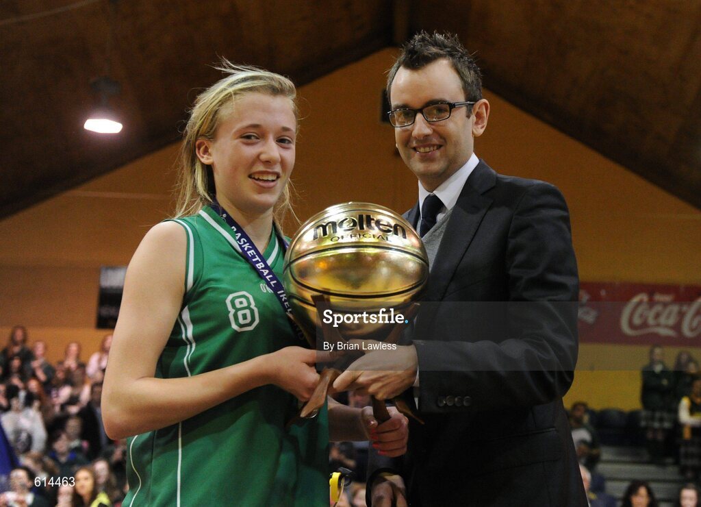 26 January 2012; Kelly Diggin, St. Angela's College, is presented with the player of the match award by Shane Whelan, Basketball Ireland Communications Manager. All-Ireland Schools Cup U19A Girls Final, St. Angela's College, Cork v Colaiste Iosagain, Dublin, National Basketball Arena, Tallaght, Dublin. Picture credit: Brian Lawless / SPORTSFILE