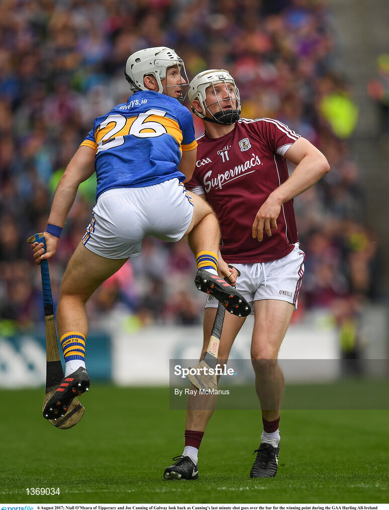 6 August 2017; Niall O'Meara of Tipperary and Joe Canning of Galway look back as Canning's last minute shot goes over the bar for the winning point during the GAA Hurling All-Ireland Senior Championship Semi-Final match between Galway and Tipperary at Croke Park in Dublin. Photo by Ray McManus/Sportsfile