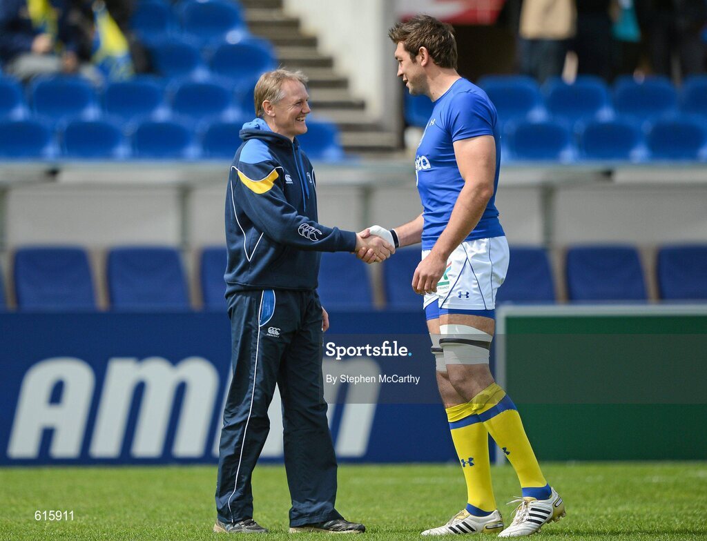 29 April 2012; Leinster head coach Joe Schmidt greets former Leinster player Nathan Hines, now of ASM Clermont Auvergne, ahead of the game. Heineken Cup Semi-Final, ASM Clermont Auvergne v Leinster, Stade Chaban Delmas, Bordeaux, France. Picture credit: Stephen McCarthy / SPORTSFILE