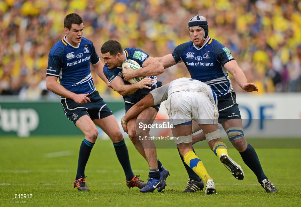 29 April 2012; Leinster's Rob Kearney with support from Jonathan Sexton, left, and Sean O'Brien is tackled by Alexandre Lapandry, ASM Clermont Auvergne. Heineken Cup Semi-Final, ASM Clermont Auvergne v Leinster, Stade Chaban Delmas, Bordeaux, France. Picture credit: Stephen McCarthy / SPORTSFILE
