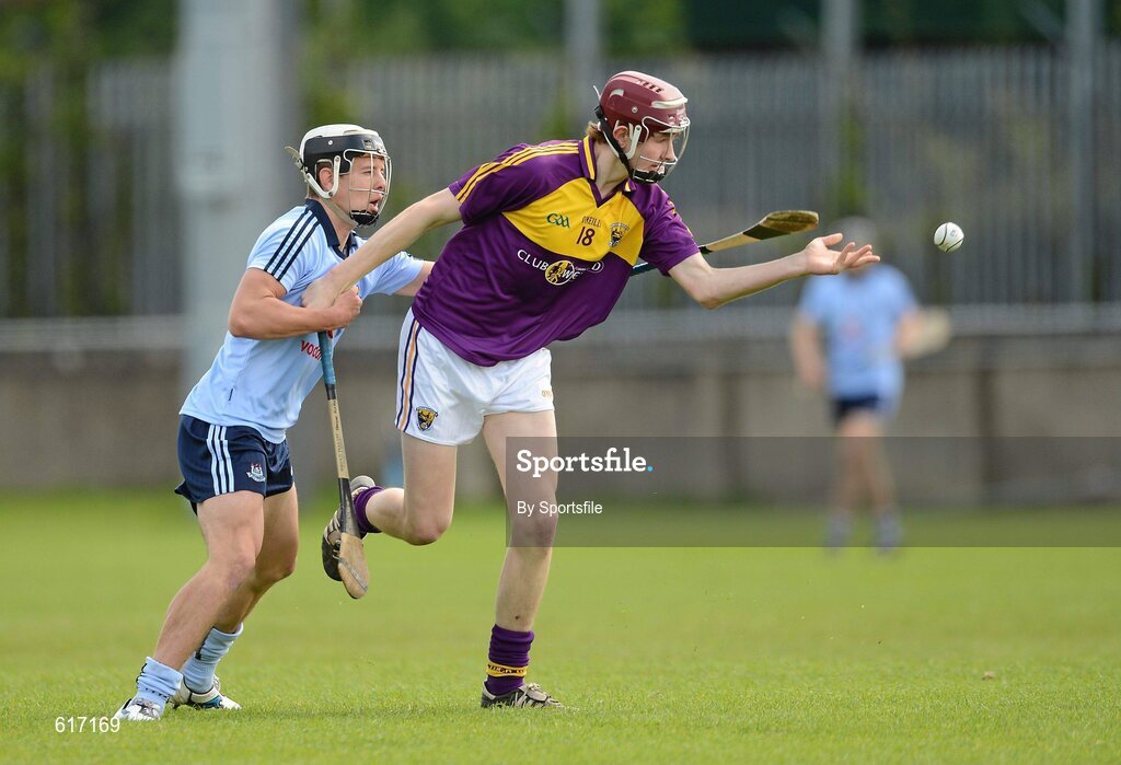 5 May 2012; Padraig Foley, Wexford, in action against Cian Boland, Dublin. Electric Ireland Leinster GAA Hurling Minor Championship, Dublin v Wexford, Parnell Park, Dublin. Photo by Sportsfile