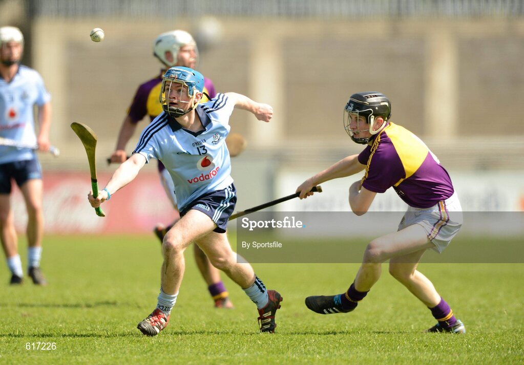 5 May 2012; Oisin O'Rorke, Dublin, in action against Eoin Conroy, Wexford. Electric Ireland Leinster GAA Hurling Minor Championship, Dublin v Wexford, Parnell Park, Dublin. Photo by Sportsfile