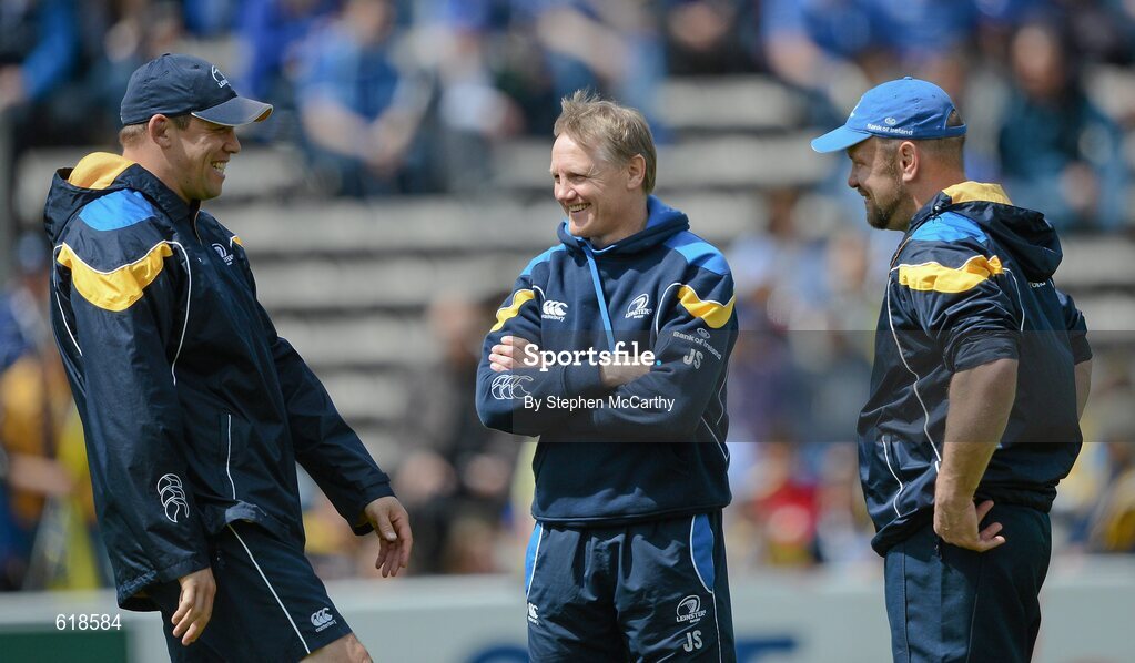 29 April 2012; Leinster head coach Joe Schmidt with forwards coach Jono Gibbes, left, and scrum coach Greg Feek. Heineken Cup Semi-Final, ASM Clermont Auvergne v Leinster, Stade Chaban Delmas, Bordeaux, France. Picture credit: Stephen McCarthy / SPORTSFILE