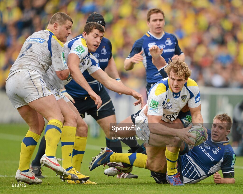 29 April 2012; Aurélien Rougerie, ASM Clermont Auvergne, is tackled by Richardt Strauss, Leinster. Heineken Cup Semi-Final, ASM Clermont Auvergne v Leinster, Stade Chaban Delmas, Bordeaux, France. Picture credit: Stephen McCarthy / SPORTSFILE