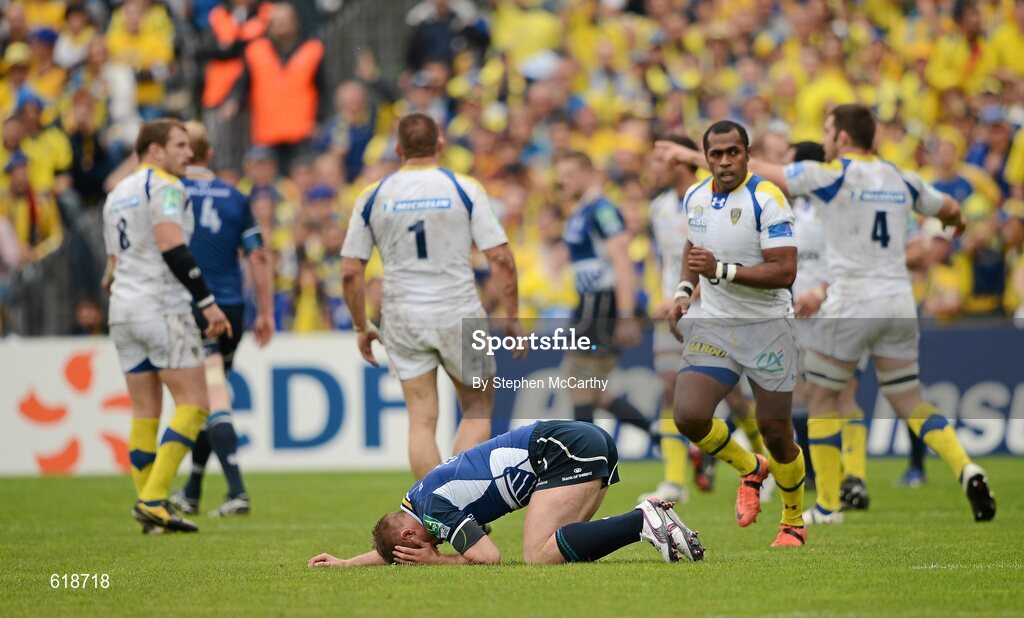 29 April 2012; Luke Fitzgerald, Leinster, goes down with an injury. Heineken Cup Semi-Final, ASM Clermont Auvergne v Leinster, Stade Chaban Delmas, Bordeaux, France. Picture credit: Stephen McCarthy / SPORTSFILE