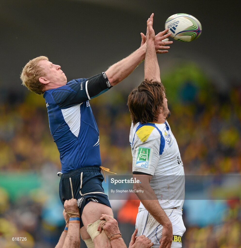 29 April 2012; Leo Cullen, Leinster, in action against Julien Pierre, ASM Clermont Auvergne. Heineken Cup Semi-Final, ASM Clermont Auvergne v Leinster, Stade Chaban Delmas, Bordeaux, France. Picture credit: Stephen McCarthy / SPORTSFILE