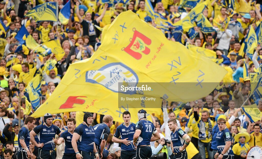 29 April 2012; Leinster players regroup after conceding a try which was subsequently disallowed. Heineken Cup Semi-Final, ASM Clermont Auvergne v Leinster, Stade Chaban Delmas, Bordeaux, France. Picture credit: Stephen McCarthy / SPORTSFILE