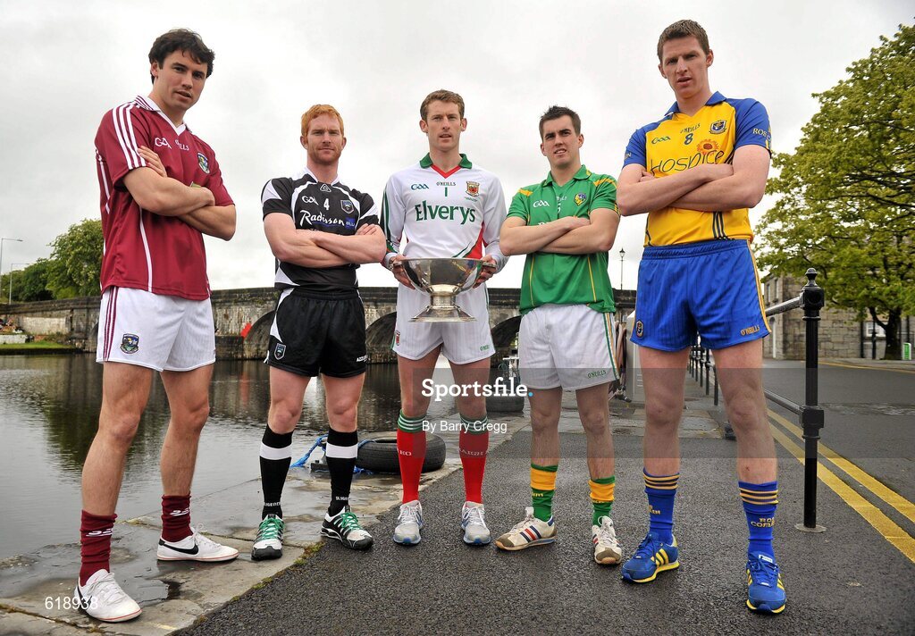 10 May 2012; In attendance at the launch of the Connacht GAA Senior Football Championship are, from left, Finian Hanley, Galway, Ross Donovan, Sligo, David Clake, Mayo, Paddy Maguire, Leitrim, and Michael Finneran, Roscommon. Bush Hotel, Carrick on Shannon, Co. Roscommon. Picture credit: Barry Cregg / SPORTSFILE
