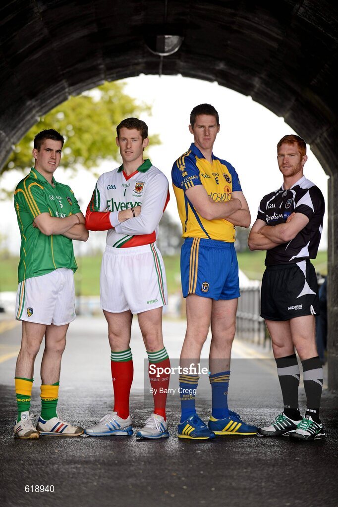 10 May 2012; In attendance at the launch of the Connacht GAA Senior Football Championship are, from left, Paddy Maguire, Leitrim, David Clake, Mayo, Michael Finneran, Roscommon, and Ross Donovan, Sligo. Bush Hotel, Carrick on Shannon, Co. Roscommon. Picture credit: Barry Cregg / SPORTSFILE