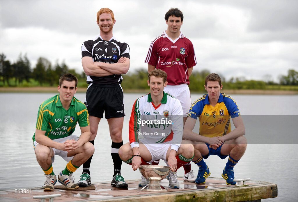 10 May 2012; In attendance at the launch of the Connacht GAA Senior Football Championship are, from left, Paddy Maguire, Leitrim, Ross Donovan, Sligo, David Clake, Mayo, Finian Hanley, Galway, and Michael Finneran, Roscommon. Bush Hotel, Carrick on Shannon, Co. Roscommon. Picture credit: Barry Cregg / SPORTSFILE