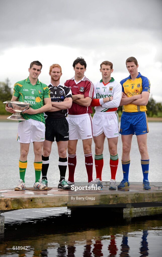 10 May 2012; In attendance at the launch of the Connacht GAA Senior Football Championship are, from left, Paddy Maguire, Leitrim, Ross Donovan, Sligo, Finian Hanley, Galway, David Clake, Mayo, and Michael Finneran, Roscommon. Bush Hotel, Carrick on Shannon, Co. Roscommon. Picture credit: Barry Cregg / SPORTSFILE