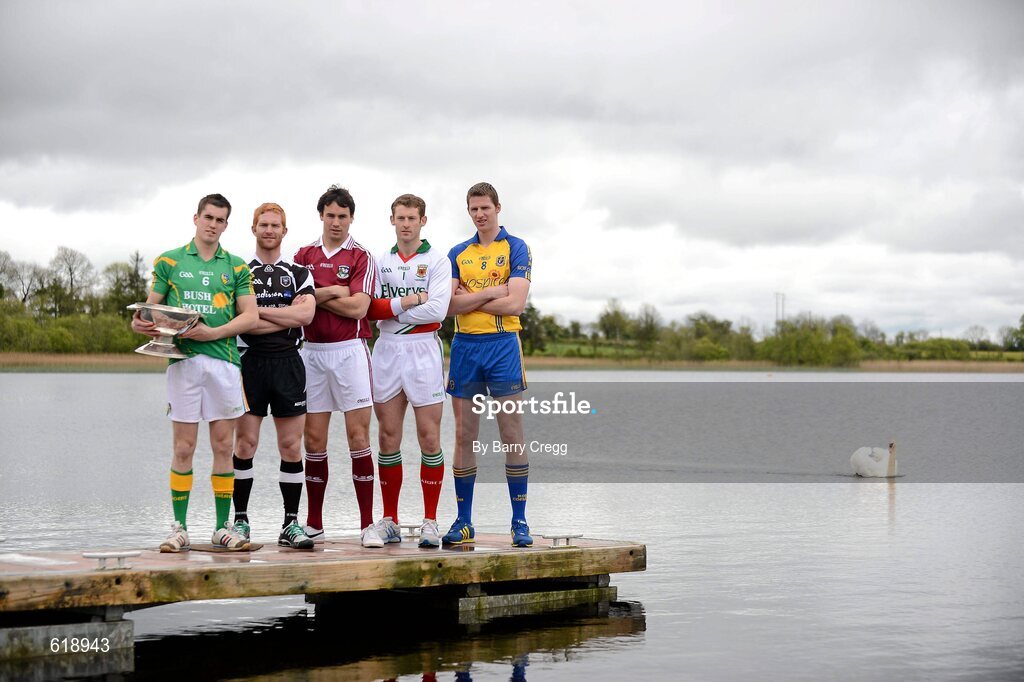 10 May 2012; In attendance at the launch of the Connacht GAA Senior Football Championship are, from left, Paddy Maguire, Leitrim, Ross Donovan, Sligo, Finian Hanley, Galway, David Clake, Mayo, and Michael Finneran, Roscommon. Bush Hotel, Carrick on Shannon, Co. Roscommon. Picture credit: Barry Cregg / SPORTSFILE