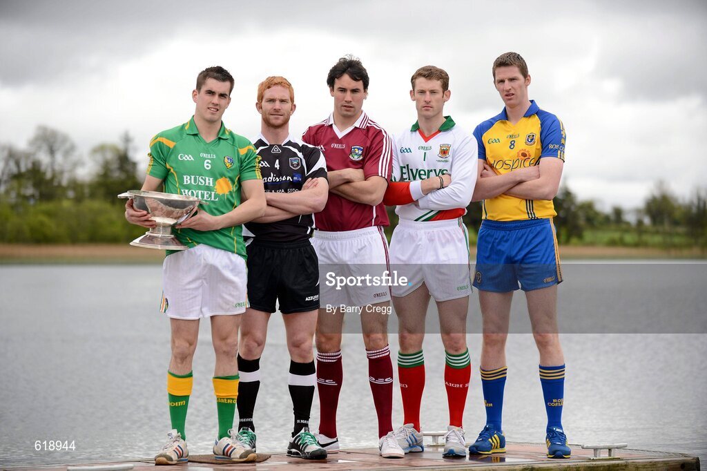10 May 2012; In attendance at the launch of the Connacht GAA Senior Football Championship are, from left, Paddy Maguire, Leitrim, Ross Donovan, Sligo, Finian Hanley, Galway, David Clake, Mayo, and Michael Finneran, Roscommon. Bush Hotel, Carrick on Shannon, Co. Roscommon. Picture credit: Barry Cregg / SPORTSFILE