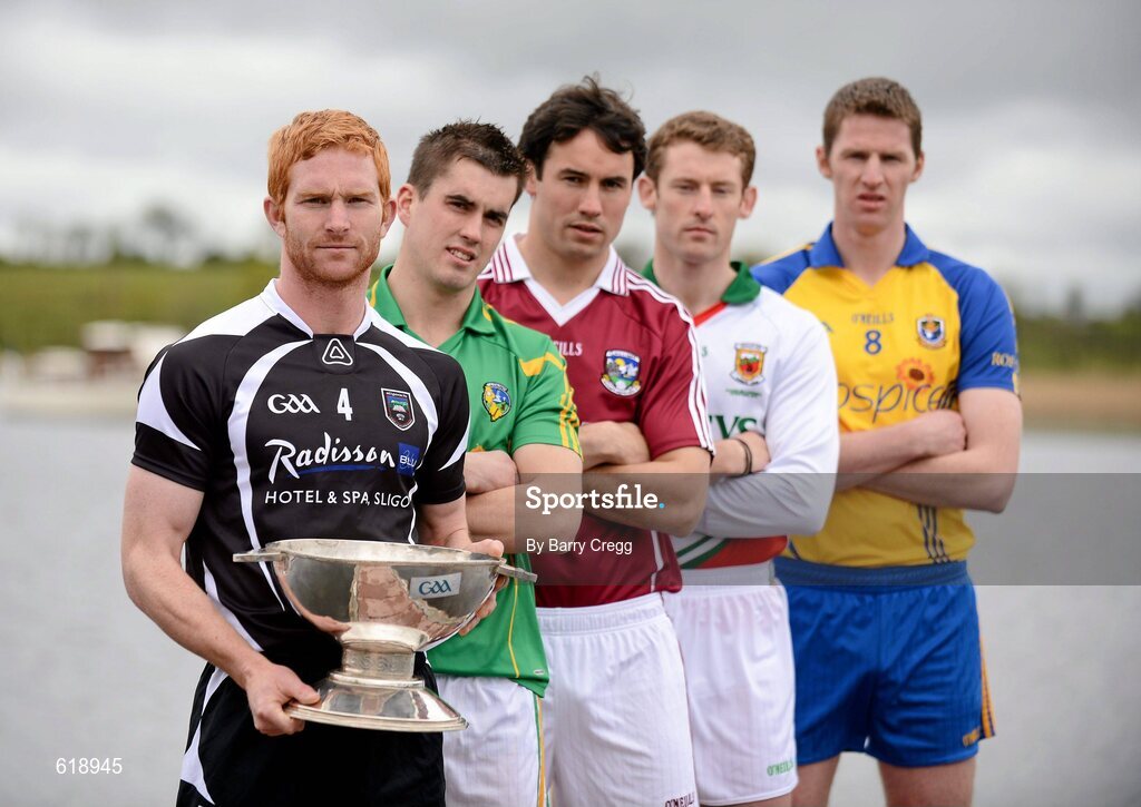 10 May 2012; In attendance at the launch of the Connacht GAA Senior Football Championship are, from left, Ross Donovan, Sligo, Paddy Maguire, Leitrim, Finian Hanley, Galway, David Clake, Mayo, and Michael Finneran, Roscommon. Bush Hotel, Carrick on Shannon, Co. Roscommon. Picture credit: Barry Cregg / SPORTSFILE