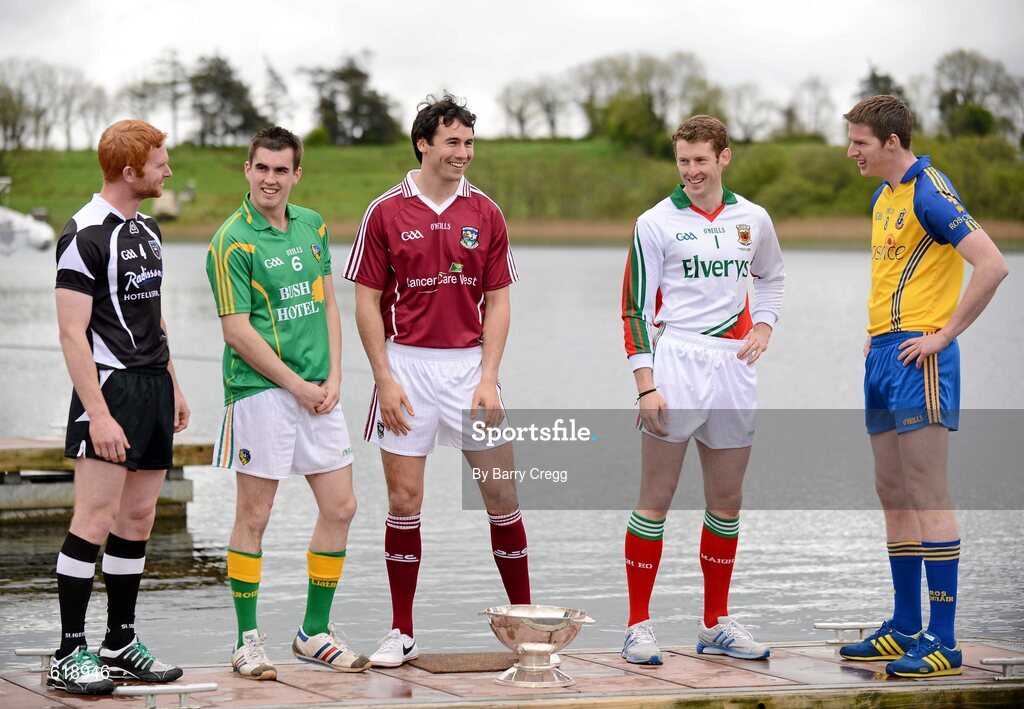 10 May 2012; In attendance at the launch of the Connacht GAA Senior Football Championship are, from left, Ross Donovan, Sligo, Paddy Maguire, Leitrim, Finian Hanley, Galway, David Clake, Mayo, and Michael Finneran, Roscommon. Bush Hotel, Carrick on Shannon, Co. Roscommon. Picture credit: Barry Cregg / SPORTSFILE