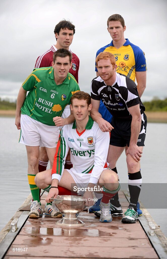 10 May 2012; In attendance at the launch of the Connacht GAA Senior Football Championship are David Clake, Mayo, centre, Paddy Maguire, Leitrim, left, Finian Hanley, Galway, back left, Ross Donovan, Sligo, right,  and Michael Finneran, Roscommon, back right. Bush Hotel, Carrick on Shannon, Co. Roscommon. Picture credit: Barry Cregg / SPORTSFILE