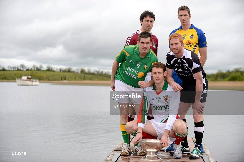 10 May 2012; In attendance at the launch of the Connacht GAA Senior Football Championship are David Clake, Mayo, centre, Paddy Maguire, Leitrim, left, Finian Hanley, Galway, back left, Ross Donovan, Sligo, right,  and Michael Finneran, Roscommon, back right. Bush Hotel, Carrick on Shannon, Co. Roscommon. Picture credit: Barry Cregg / SPORTSFILE