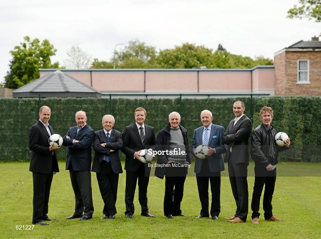 17 May 2012; Presenters and pundits, from left, Kenny Cunningham, Liam Brady, John Giles, Darragh Maloney, Eamon Dunphy, Bill O'Herlihy, Richard Sadlier and Hector O'hEochagain in attendance at the launch of RTÉ’s EURO 2012 coverage. RTÉ, Donnybrook, Dublin. Picture credit: Stephen McCarthy / SPORTSFILE