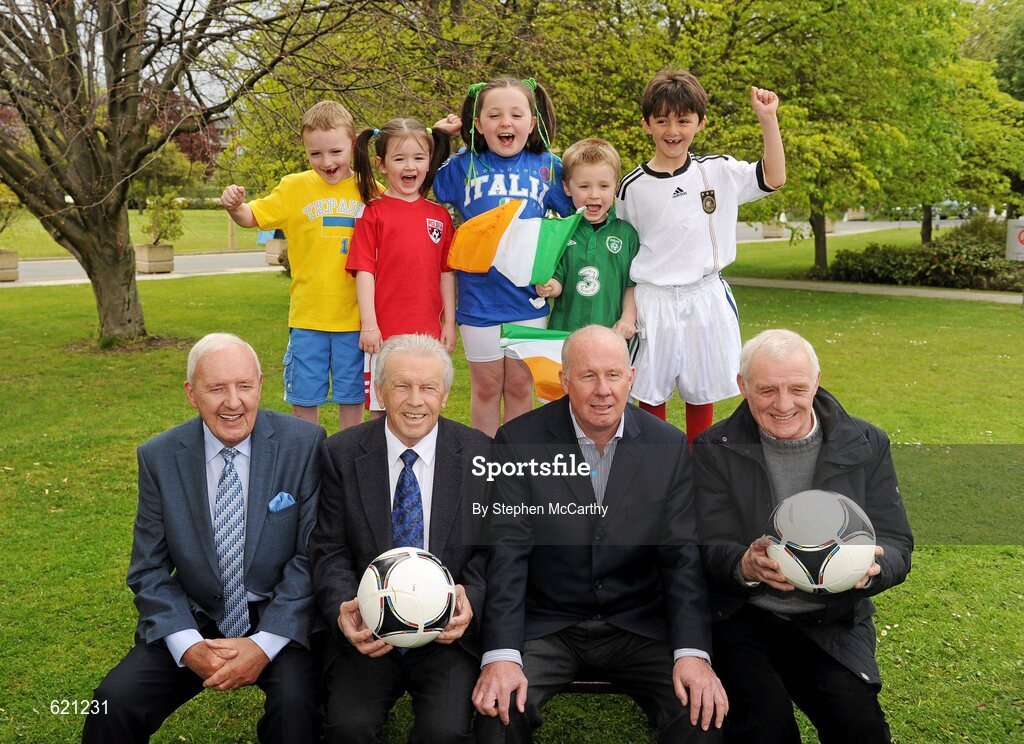 17 May 2012; RTÉ Sport presenter Bill O'Herlihy, left, with pundits John Giles, Liam Brady and Eamon Dunphy with children, from left, Liam Hyland, age 5, from Walkinstown, Dublin, Robyn Dempsey, age 5, from Kilcullen, Co. Kildare, Susie Power, age 8, from Kilcullen, Co. Kildare, Callum Heath, age 4, from Tallaght, Dublin, and Rowan Durmis, ahe 6, from Citywest, Dublin, at the launch of RTÉ’s EURO 2012 coverage. RTÉ, Donnybrook, Dublin. Picture credit: Stephen McCarthy / SPORTSFILE