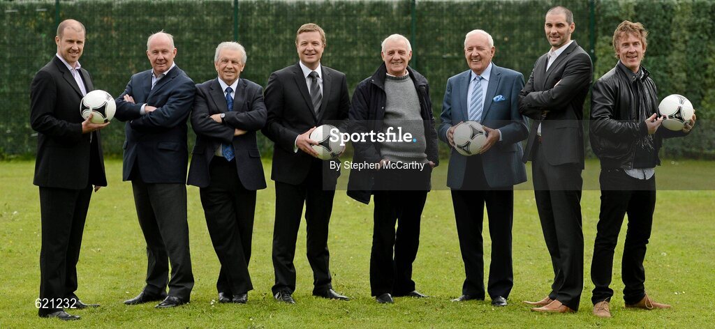 17 May 2012; Presenters and pundits, from left, Kenny Cunningham, Liam Brady, John Giles, Darragh Maloney, Eamon Dunphy, Bill O'Herlihy, Richard Sadlier and Hector O'hEochagain in attendance at the launch of RTÉ’s EURO 2012 coverage. RTÉ, Donnybrook, Dublin. Picture credit: Stephen McCarthy / SPORTSFILE