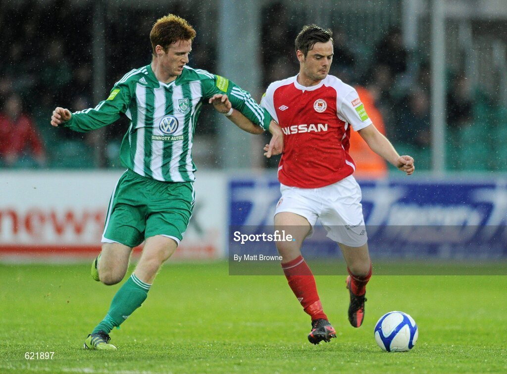 18 May 2012; Greg Bolger, St Patrick's Athletic, in action against Sean Houston, Bray Wanderers. Airtricity League Premier Division, Bray Wanderers v St Patrick's Athletic, Carlisle Grounds, Bray, Co. Wicklow. Picture credit: Matt Browne / SPORTSFILE
