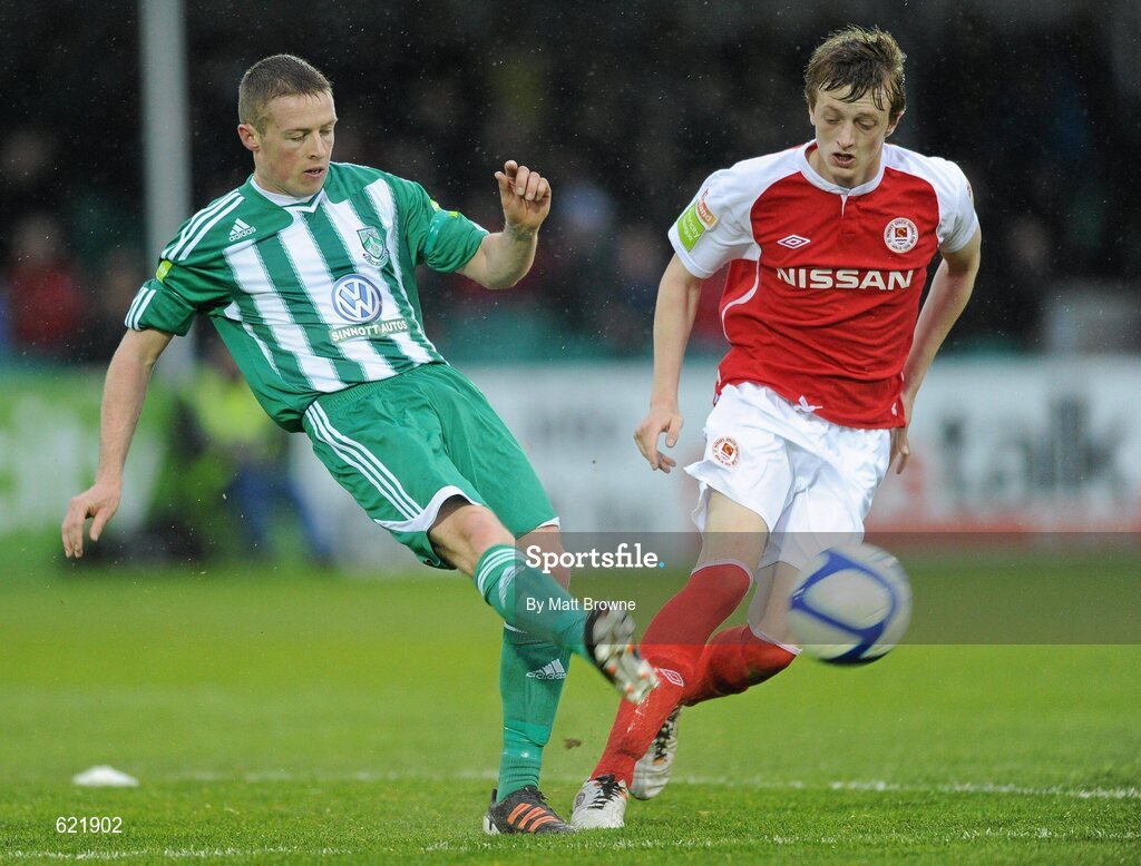 18 May 2012; Dean Zambra, Bray Wanderers, in action against Chris Forrester, St Patrick's Athletic. Airtricity League Premier Division, Bray Wanderers v St Patrick's Athletic, Carlisle Grounds, Bray, Co. Wicklow. Picture credit: Matt Browne / SPORTSFILE