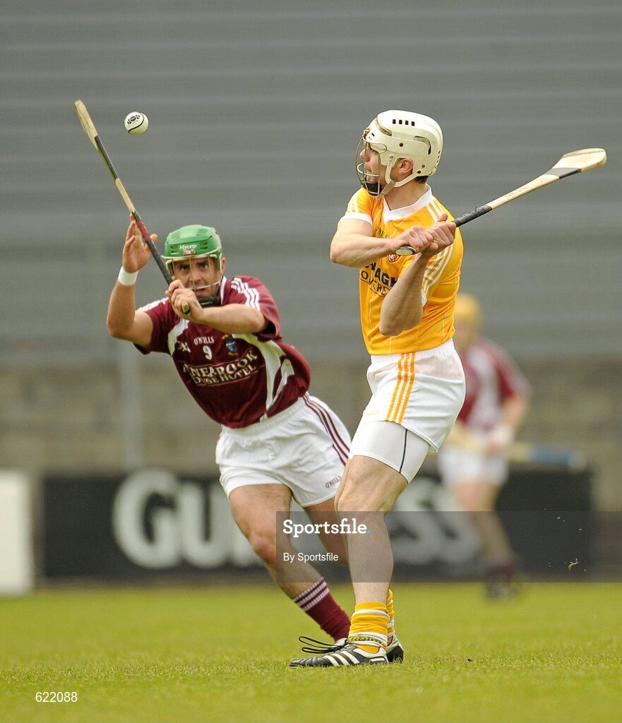 19 May 2012; Neil McManus, Antrim, in action against Joe Clarke, Westmeath. Leinster GAA Hurling Senior Championship First Round, Westmeath v Antrim, Cusack Park, Mullingar, Co. Westmeath. Photo by Sportsfile