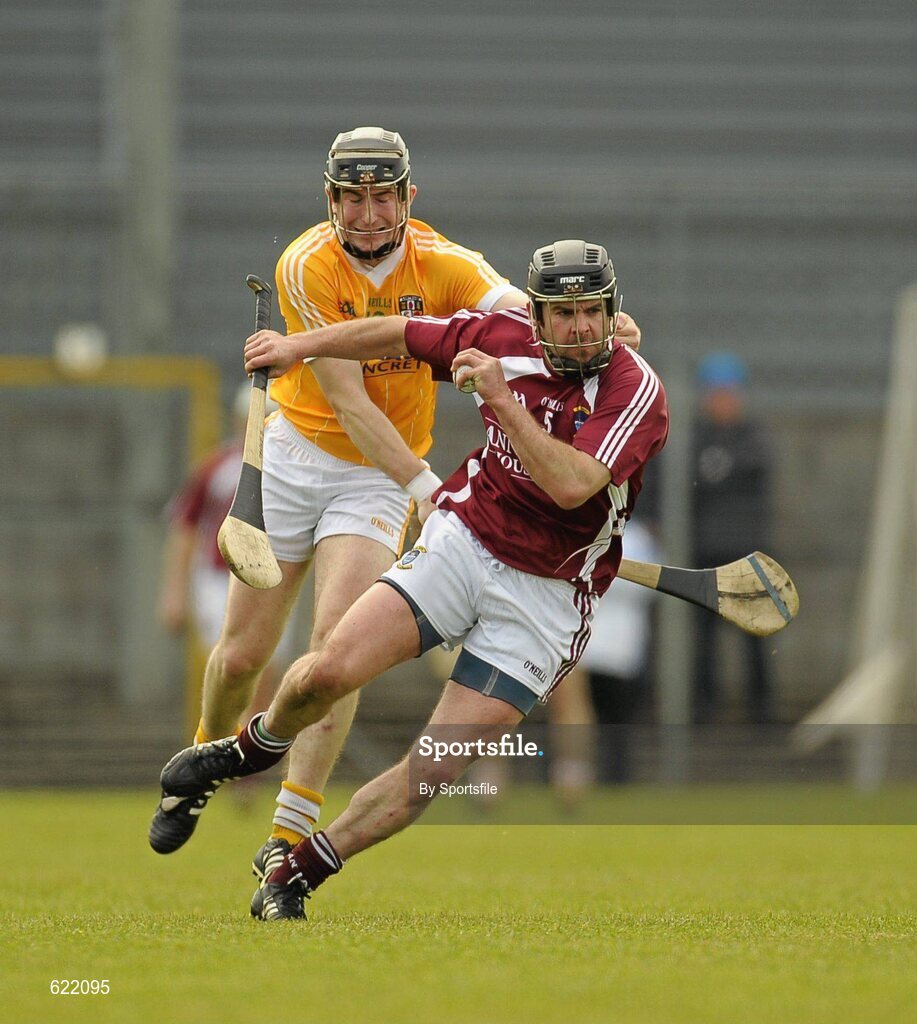 19 May 2012; Paddy Dowdall, Westmeath, in action against Eddie McCloskey, Antrim. Leinster GAA Hurling Senior Championship First Round, Westmeath v Antrim, Cusack Park, Mullingar, Co. Westmeath. Photo by Sportsfile