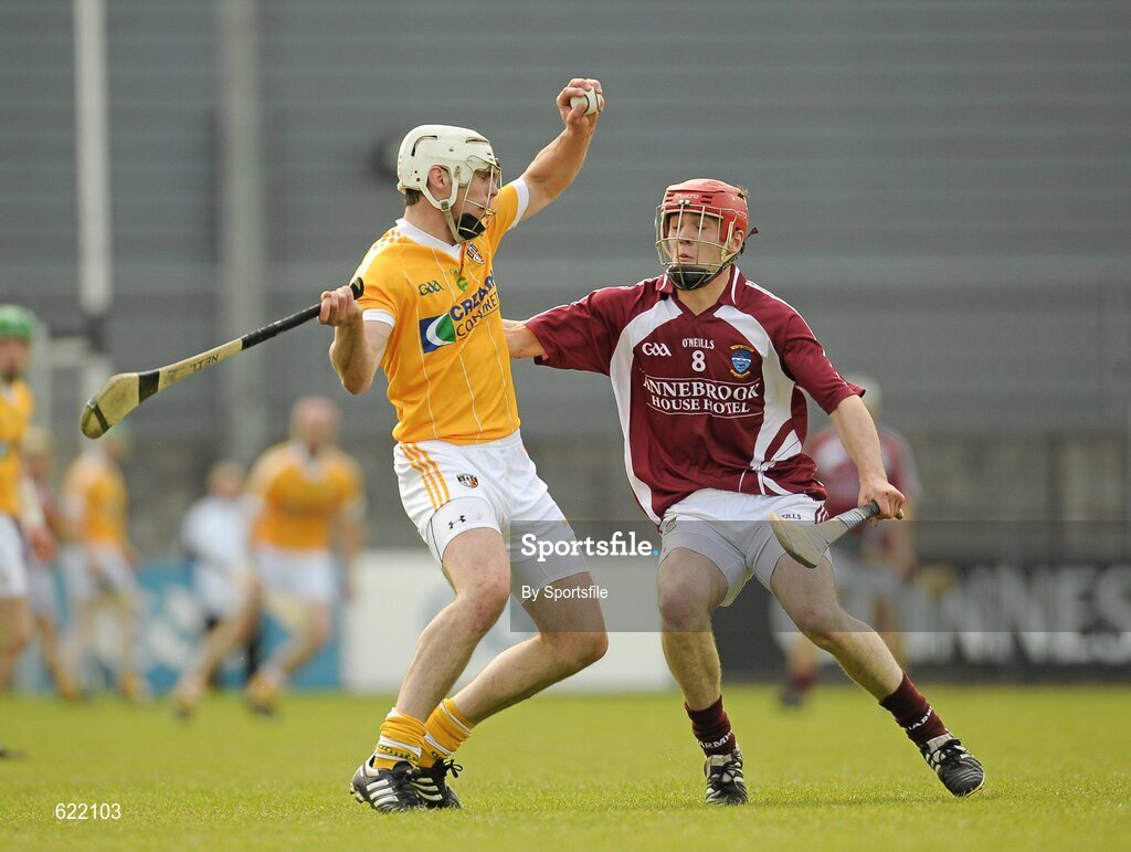 19 May 2012; Neil McManus, Antrim, in action against Aonghus Clarke, Westmeath. Leinster GAA Hurling Senior Championship First Round, Westmeath v Antrim, Cusack Park, Mullingar, Co. Westmeath. Photo by Sportsfile