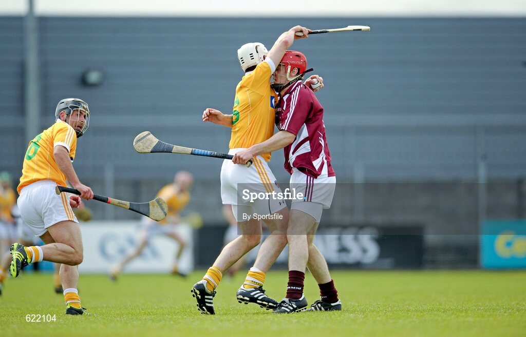 19 May 2012; Neil McManus, Antrim, in action against Aonghus Clarke, Westmeath. Leinster GAA Hurling Senior Championship First Round, Westmeath v Antrim, Cusack Park, Mullingar, Co. Westmeath. Photo by Sportsfile