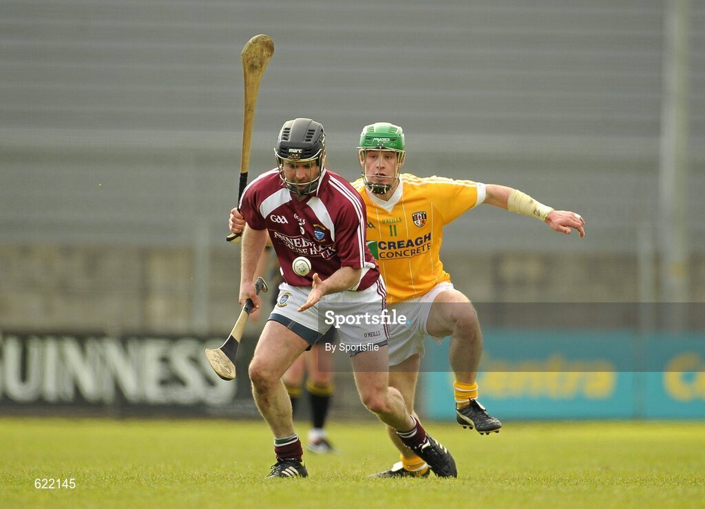 19 May 2012; Paddy Dowdall, Westmeath, in action against Barry McFall, Antrim. Leinster GAA Hurling Senior Championship First Round, Westmeath v Antrim, Cusack Park, Mullingar, Co. Westmeath. Photo by Sportsfile