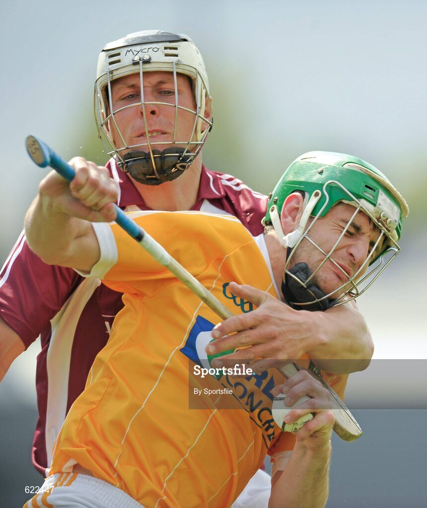 19 May 2012; Shane McNaughton, Antrim, in action against Paul Greville, Westmeath. Leinster GAA Hurling Senior Championship First Round, Westmeath v Antrim, Cusack Park, Mullingar, Co. Westmeath. Photo by Sportsfile