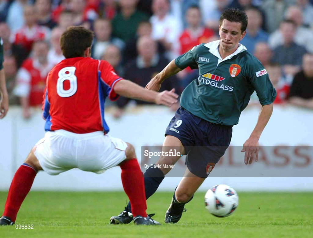 16 August 2002; Ger McCarthy of St Patrick's Athletic in action against Stuart Byrne of Shelbourne during the eircom League Premier Division match between St Patrick's Athletic and Shelbourne at Richmond Park in Dublin. Photo by David Maher/Sportsfile
