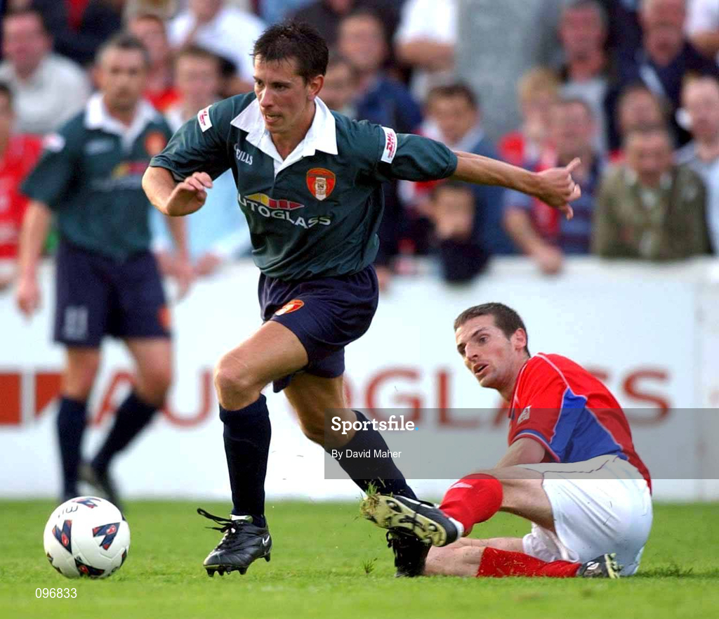 16 August 2002; Ger McCarthy of St Patrick's Athletic in action against Jim Crawford of Shelbourne during the eircom League Premier Division match between St Patrick's Athletic and Shelbourne at Richmond Park in Dublin. Photo by David Maher/Sportsfile