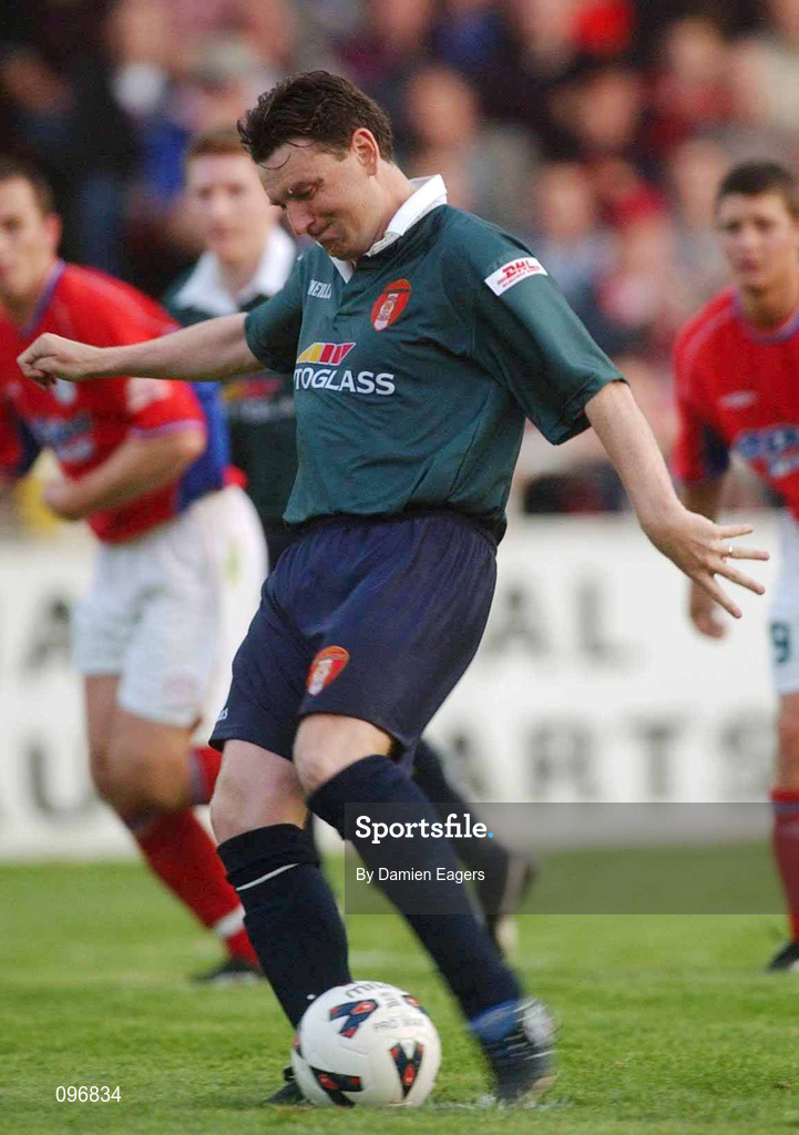 16 August 2002; Martin Russell of St Patrick's Athletic shoots to score his side's first goal, from a penalty, during the eircom League Premier Division match between St Patrick's Athletic and Shelbourne at Richmond Park in Dublin. Photo by Damien Eagers/Sportsfile