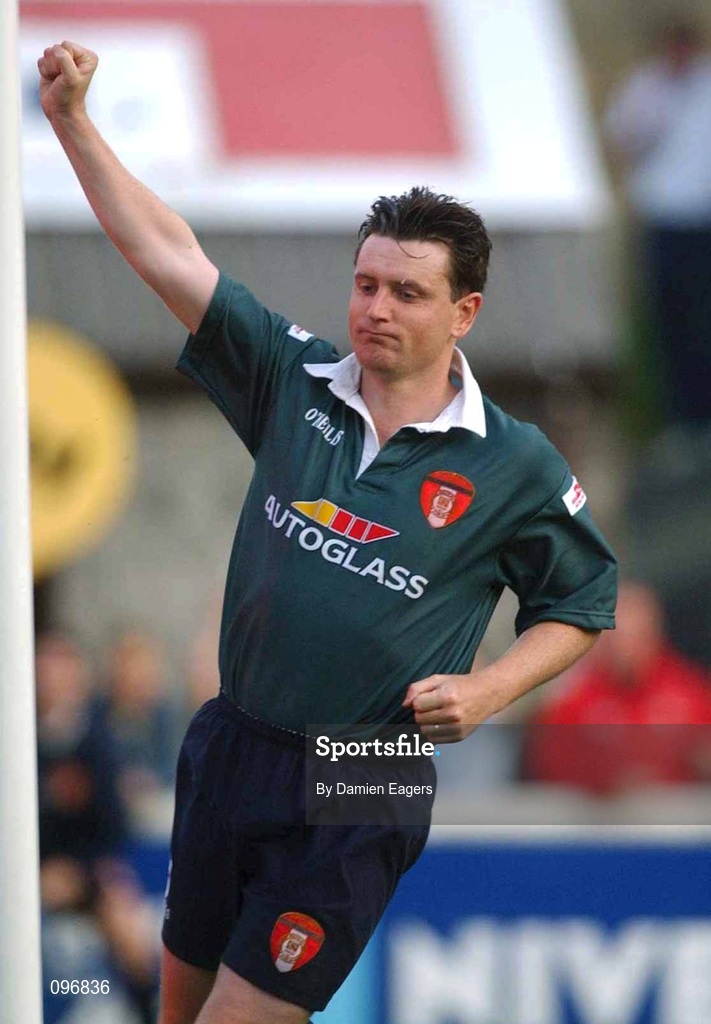 16 August 2002; Martin Russell of St Patrick's Athletic celebrates scoring his side's first goal, from a penalty, during the eircom League Premier Division match between St Patrick's Athletic and Shelbourne at Richmond Park in Dublin. Photo by Damien Eagers/Sportsfile