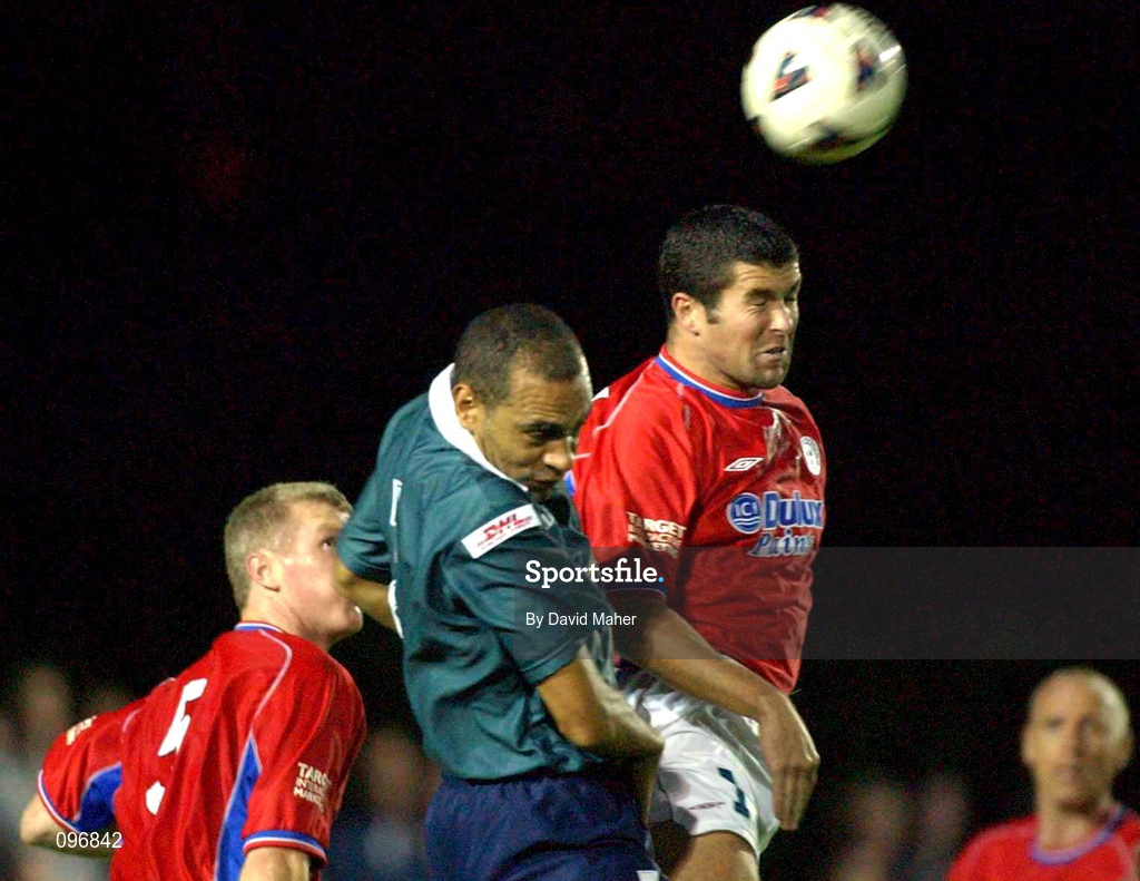 16 August 2002; Davy Byrne of Shelbourne in action against Paul Osam of St Patrick's Athletic during the eircom League Premier Division match between St Patrick's Athletic and Shelbourne at Richmond Park in Dublin. Photo by David Maher/Sportsfile