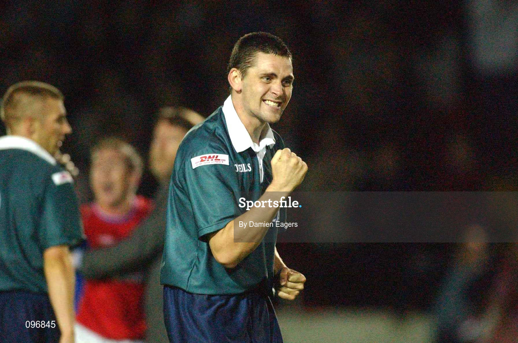 16 August 2002; Darragh Maguire of St Patrick's Athletic celebrates after the eircom League Premier Division match between St Patrick's Athletic and Shelbourne at Richmond Park in Dublin. Photo by Damien Eagers/Sportsfile