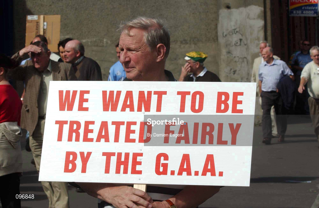 17 August 2002; Local residents protest outside Croke Park before the Bank of Ireland All-Ireland Senior Football Championship Quarter-Final Replay match between Dublin and Donegal at Croke Park in Dublin. Photo by Damien Eagers/Sportsfile