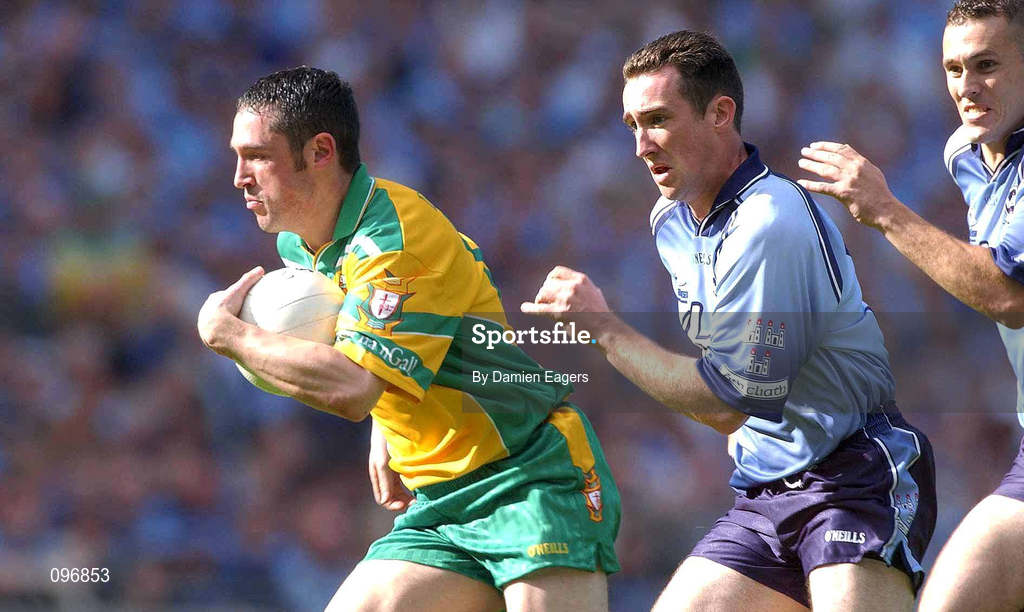 17 August 2002; Brendan Devenney of Donegal in action against Paddy Christie of Dublin during the Bank of Ireland All-Ireland Senior Football Championship Quarter-Final Replay match between Dublin and Donegal at Croke Park in Dublin. Photo by Damien Eagers/Sportsfile