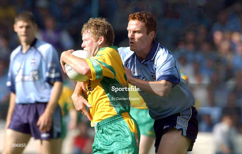 17 August 2002; Brian Roper of Donegal in action against Peadar Andrews of Dublin during the Bank of Ireland All-Ireland Senior Football Championship Quarter-Final Replay match between Dublin and Donegal at Croke Park in Dublin. Photo by Damien Eagers/Sportsfile