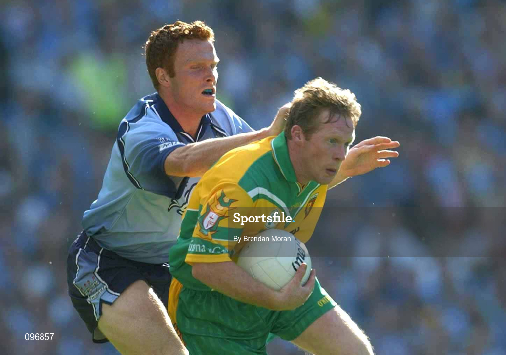 17 August 2002, Brian Roper of Donegal in action against Peadar Andrews of Dublin during the Bank of Ireland All-Ireland Senior Football Championship Quarter-Final Replay match between Dublin and Donegal at Croke Park in Dublin. Photo by Brendan Moran/Sportsfile
