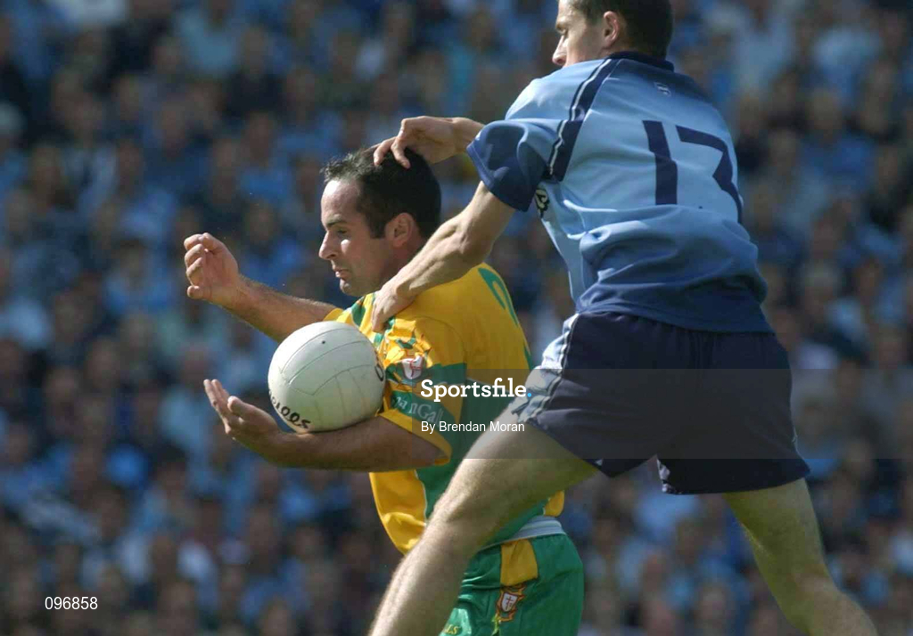 17 August 2002, Shane Carr of Donegal  in action against Alan Brogan of Dublin during the Bank of Ireland All-Ireland Senior Football Championship Quarter-Final Replay match between Dublin and Donegal at Croke Park in Dublin. Photo by Brendan Moran/Sportsfile