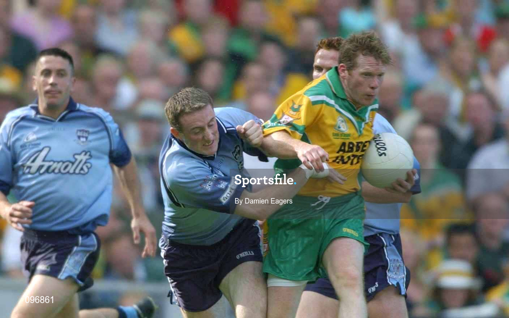 17 August 2002; Brian Roper of Donegal in action against Coman Goggins of Dublin during the Bank of Ireland All-Ireland Senior Football Championship Quarter-Final Replay match between Dublin and Donegal at Croke Park in Dublin. Photo by Damien Eagers/Sportsfile