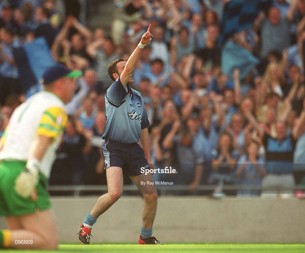 17 August 2002; Ray Cosgrove of Dublin celebrates after scoring a goal for his side during the Bank of Ireland All-Ireland Senior Football Championship Quarter-Final Replay match between Dublin and Donegal at Croke Park in Dublin. Photo by Ray McManus/Sportsfile